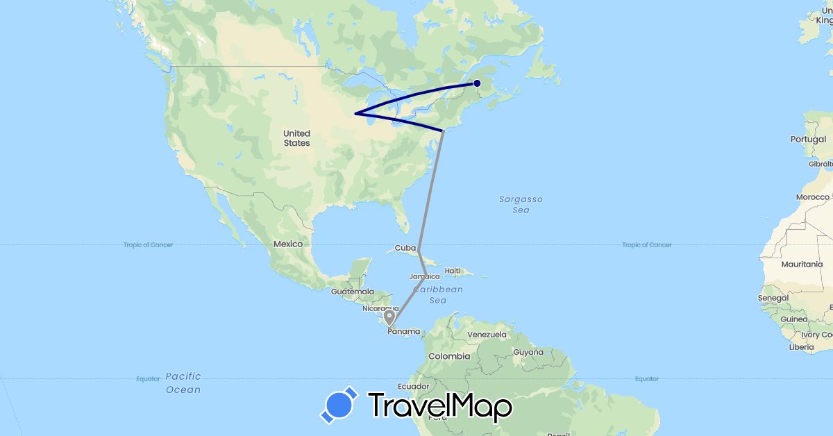 TravelMap itinerary: driving, plane in Costa Rica, Cuba, Jamaica, United States (North America)